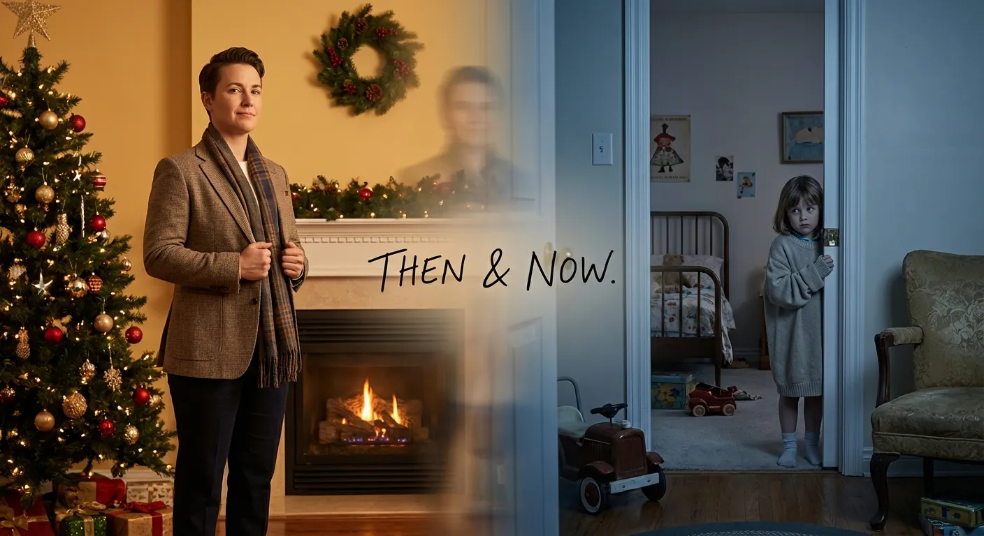 Adult looking at childhood bedroom door with conflicted expression during holiday visit