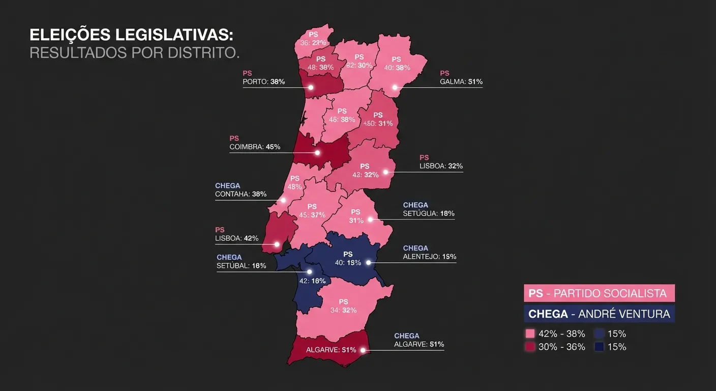 Election results map of Portugal showing district-by-district voting patterns