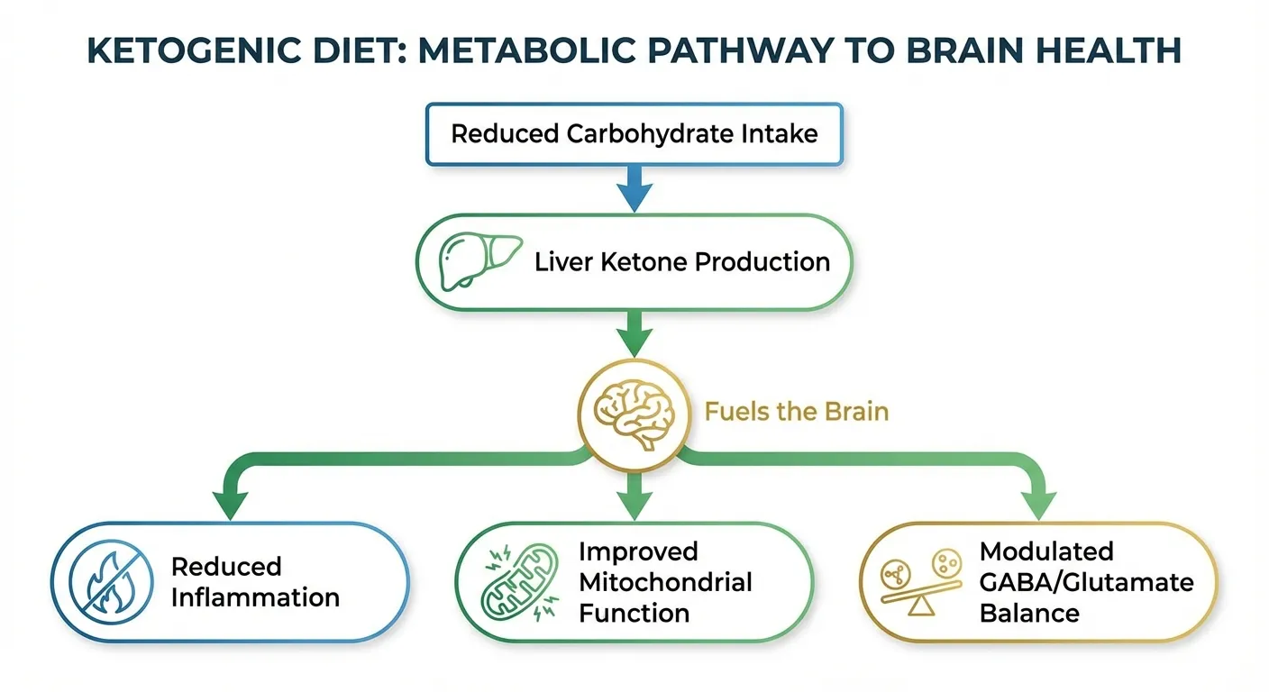 Infographic showing metabolic pathway from ketogenic diet to brain energy and neurotransmitter changes