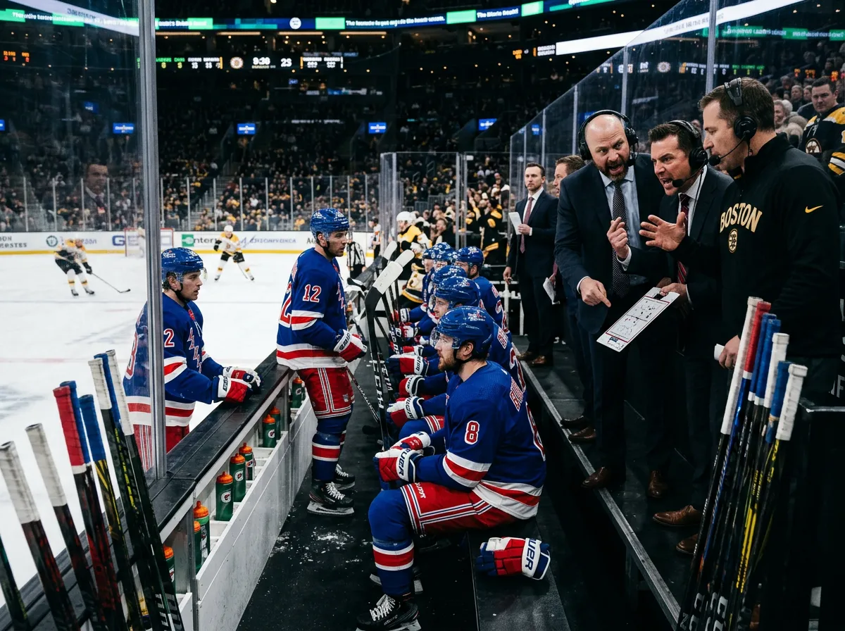 Hockey players on the bench during an NHL game with coaches in discussion