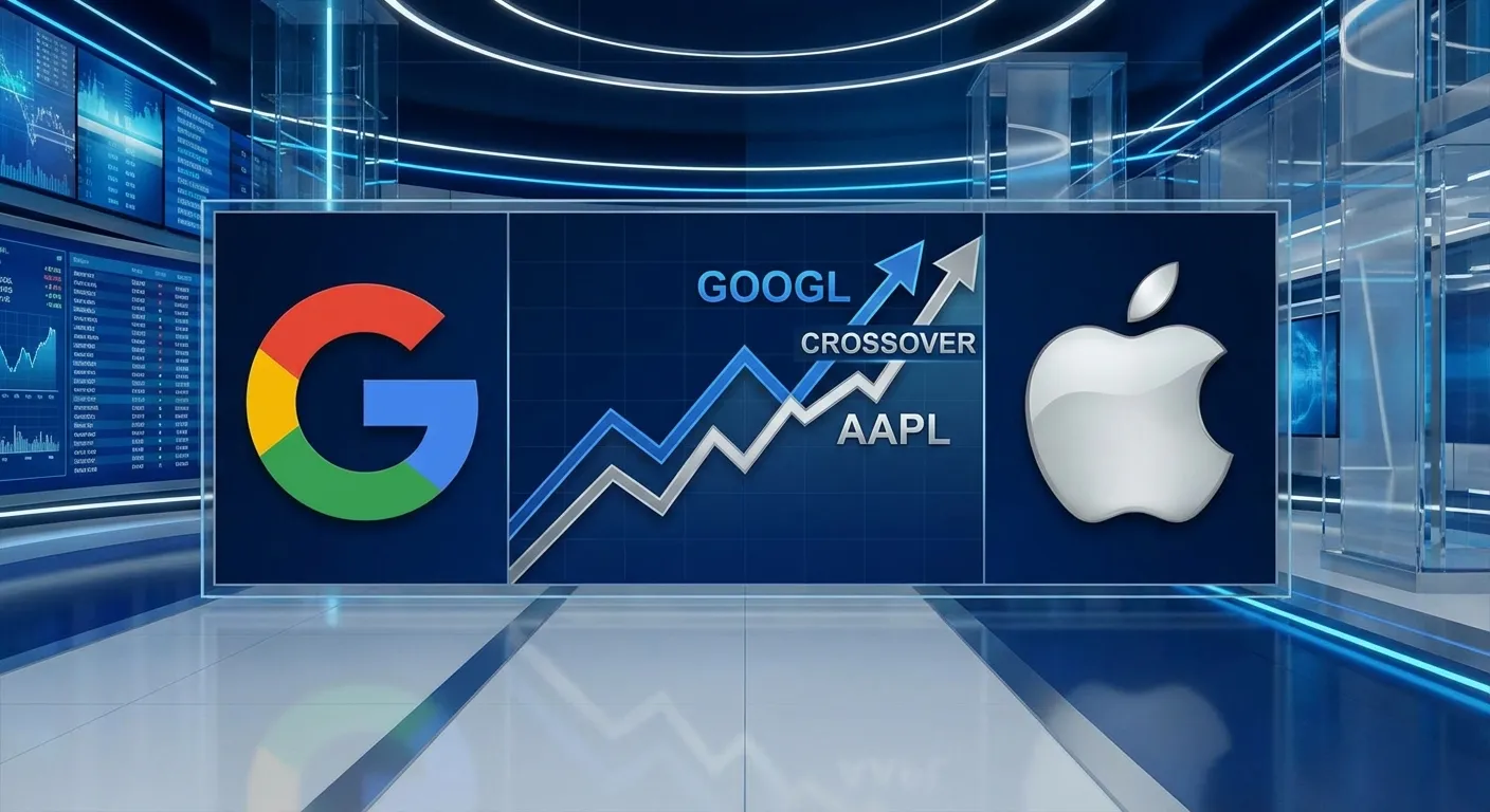 Google and Apple logos on split screen with stock chart showing crossover