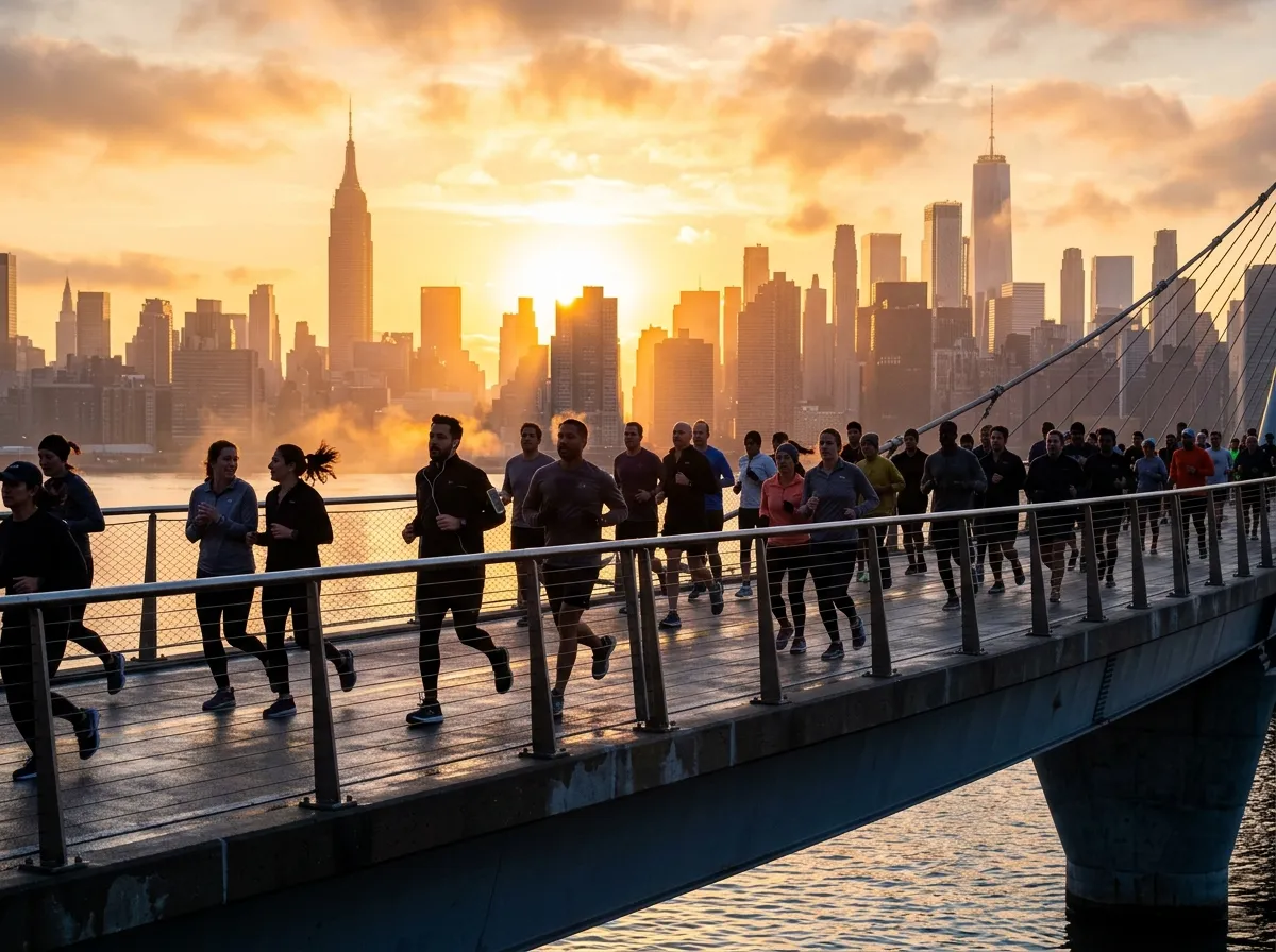 A diverse group of runners crossing a bridge together at sunrise with a city skyline behind them