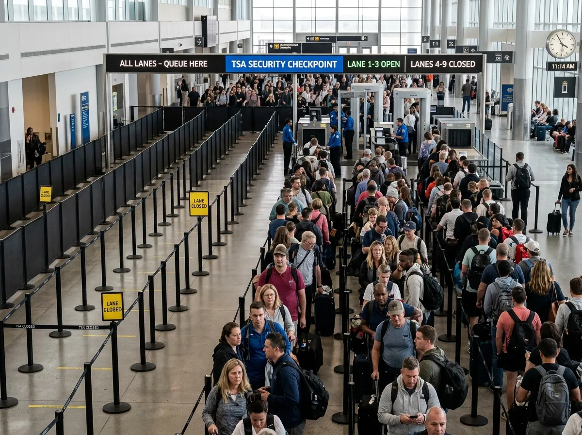 TSA officers at security screening stations in a mostly empty checkpoint