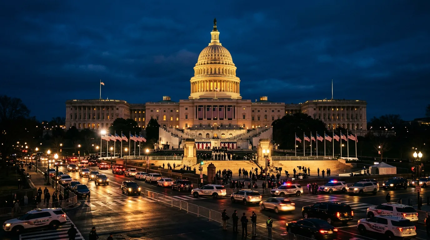 The US Capitol building illuminated at night during the State of the Union address