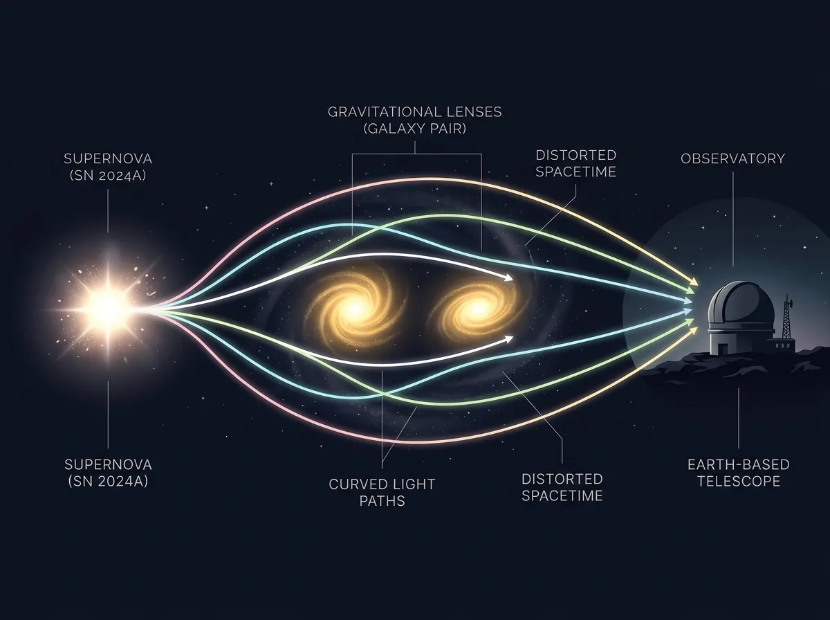 Diagram showing how light from a distant supernova bends around two foreground galaxies to produce multiple images
