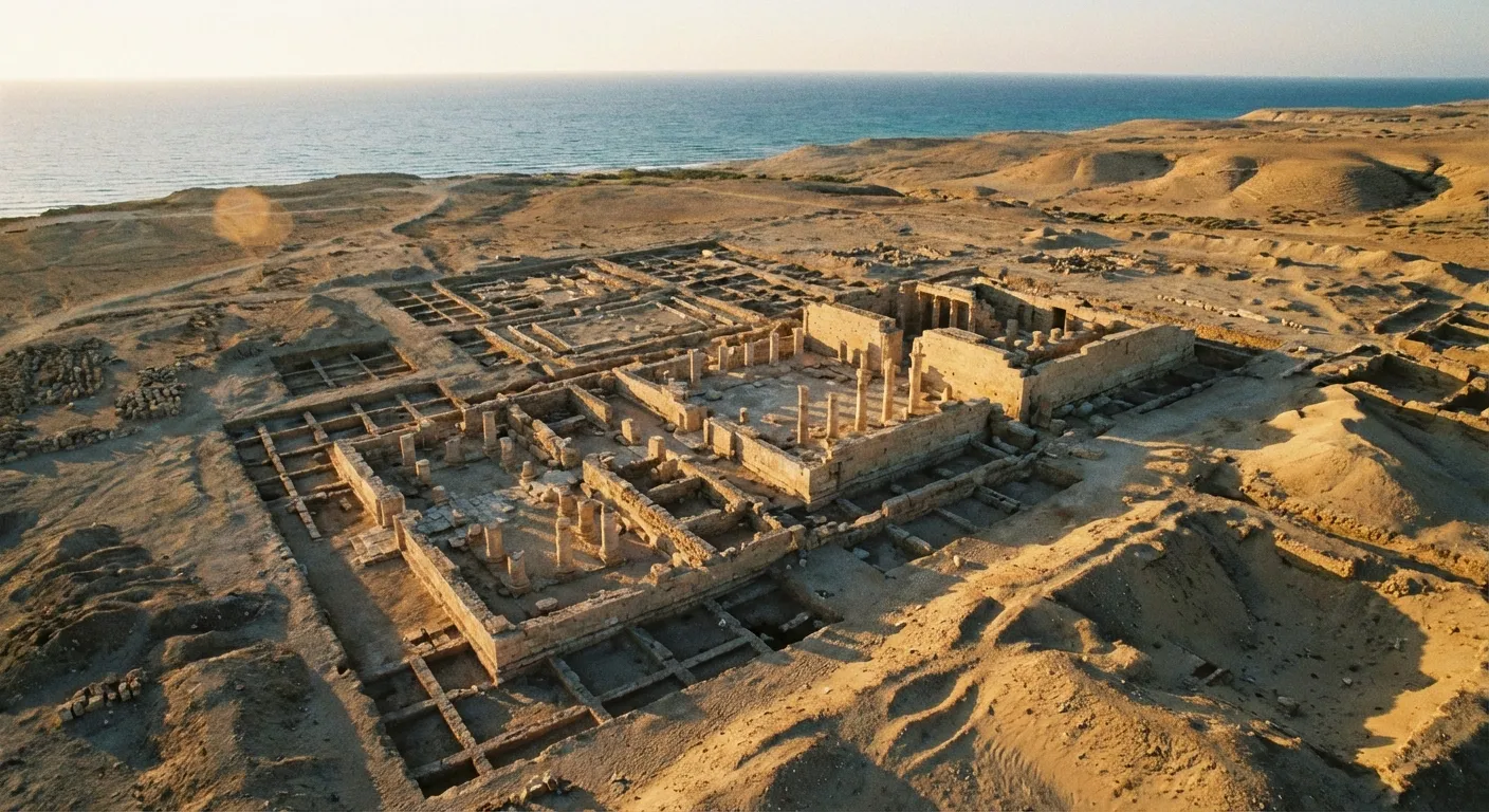 Aerial view of Taposiris Magna archaeological site showing temple ruins