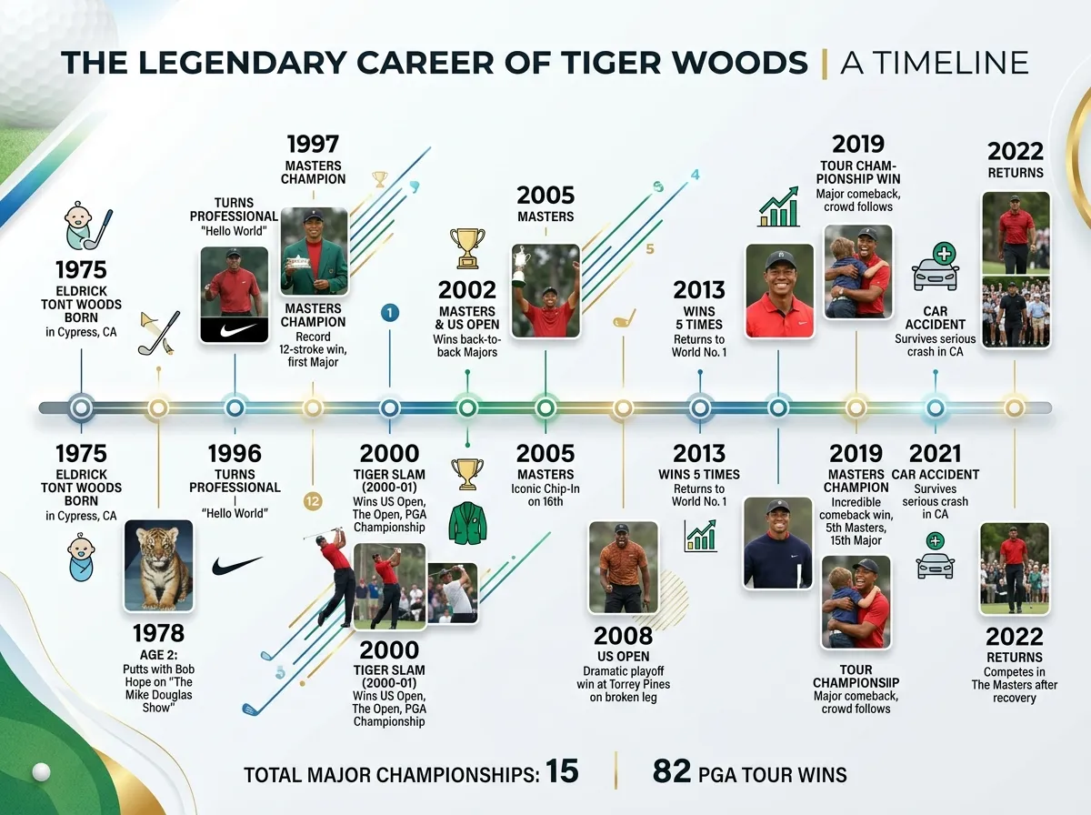 A timeline showing Tiger Woods major car incidents from 2009 to 2026
