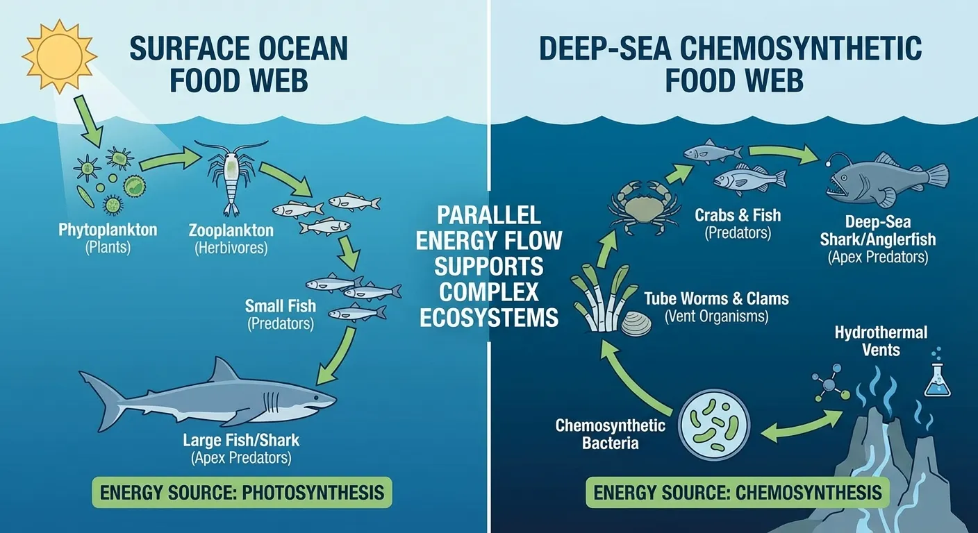 Diagram comparing photosynthesis-based and chemosynthesis-based food webs