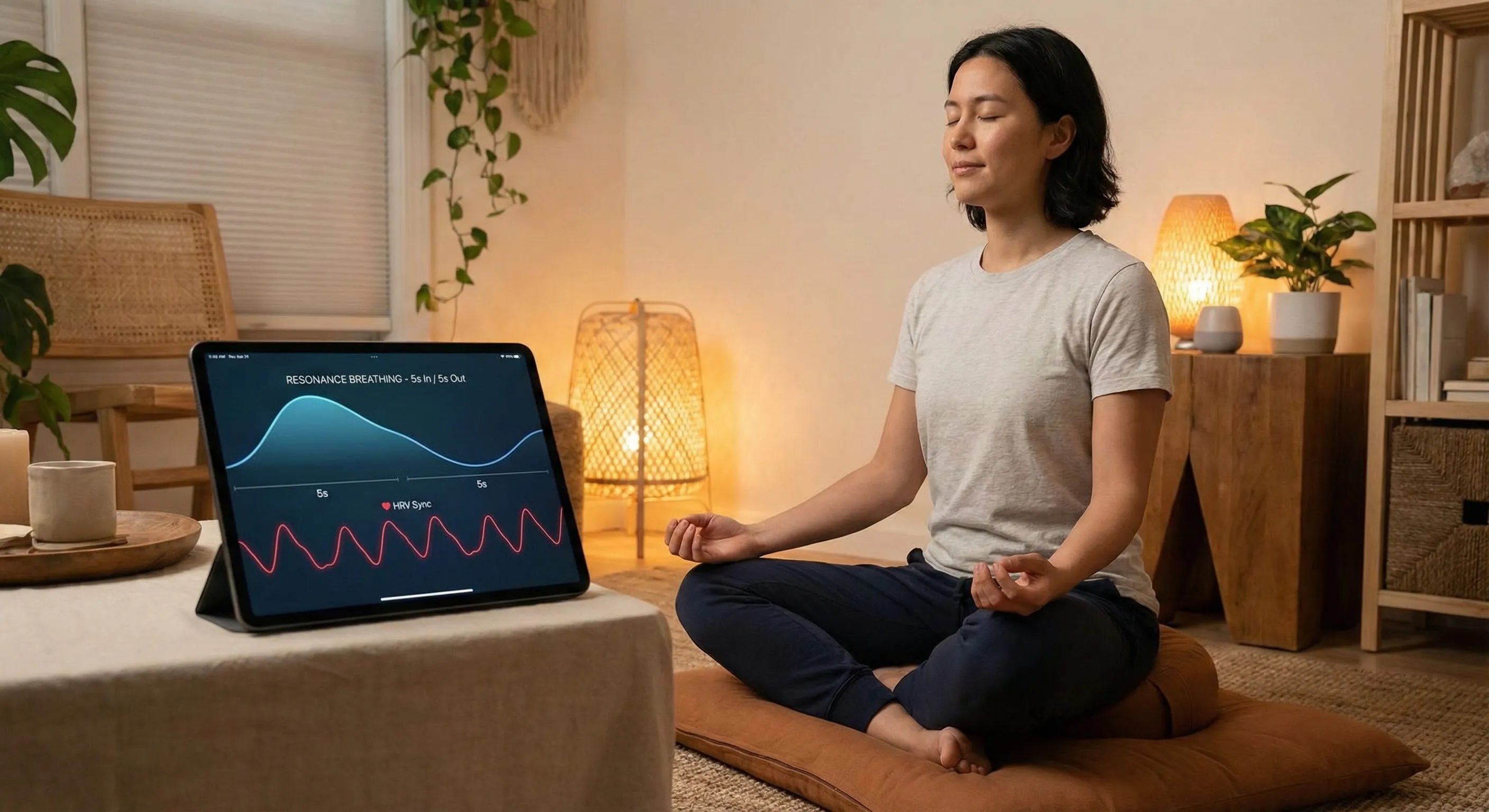 Person practicing resonance breathing with HRV biofeedback app