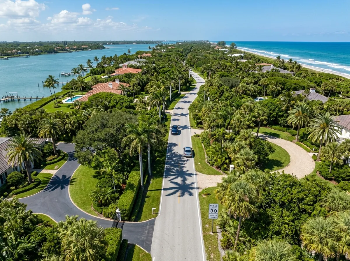 Aerial view of a quiet tree-lined residential road in Jupiter Island Florida