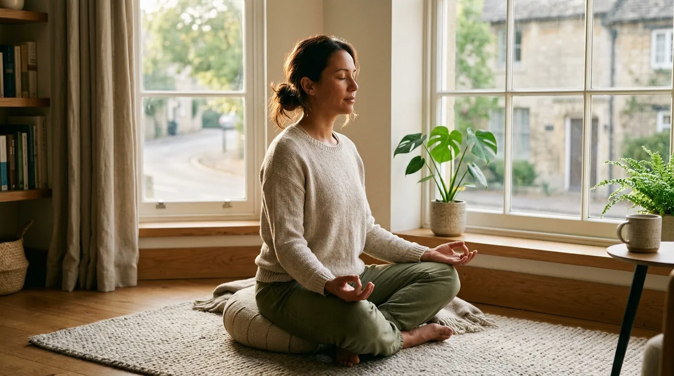 Person sitting quietly with eyes closed practicing slow breathing in natural light
