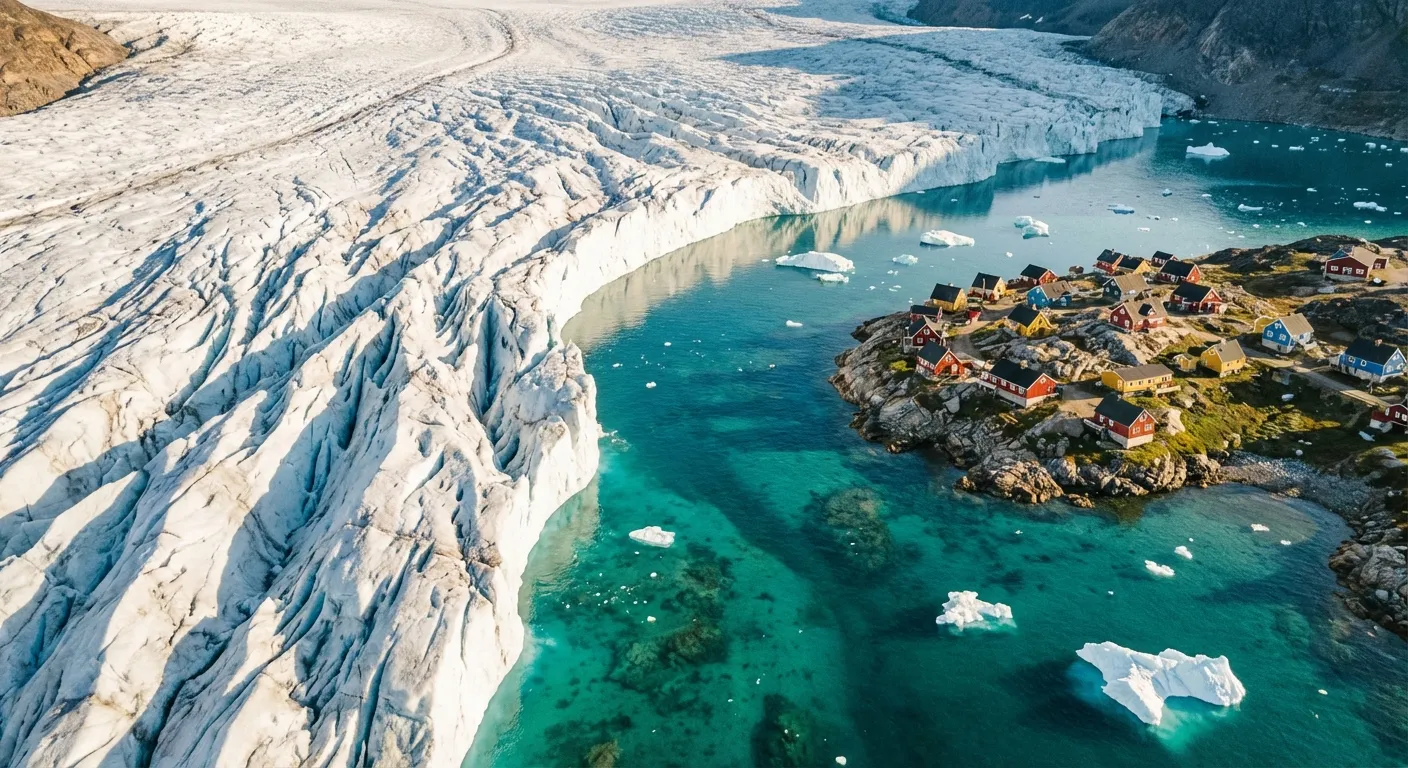 Aerial view of Greenland's icy landscape with colorful houses of a coastal town