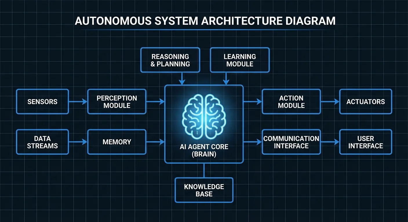 Diagram showing AI agent architecture with language model connected to various tools and APIs