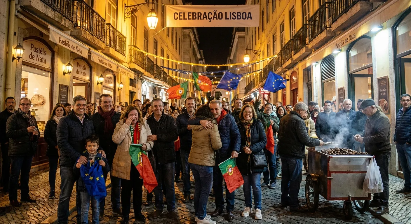 Diverse crowd of Portuguese citizens celebrating election results in Lisbon