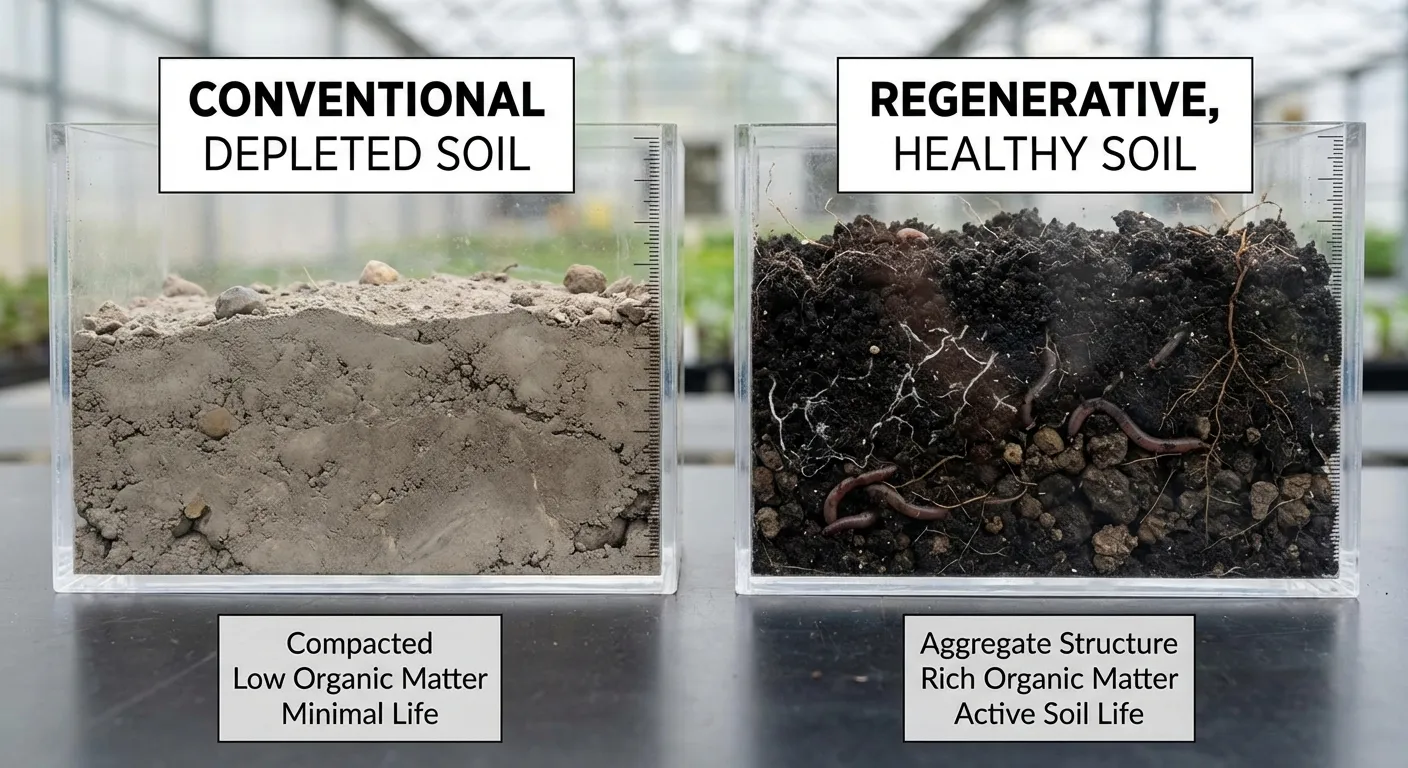 Side by side comparison of conventional depleted soil versus regenerative healthy dark soil