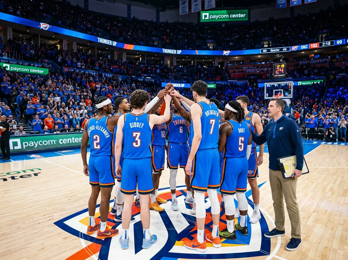 Oklahoma City Thunder team huddle on court showing team chemistry during NBA game