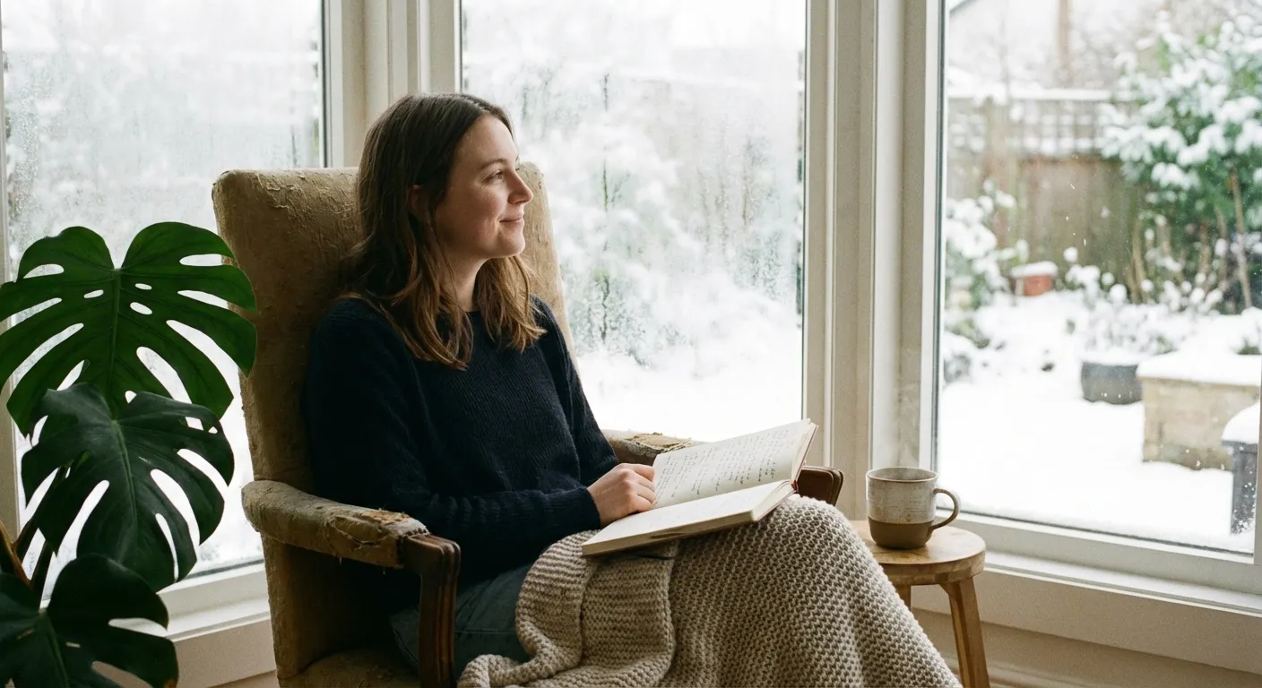 Person journaling peacefully by window in soft winter light with coffee nearby