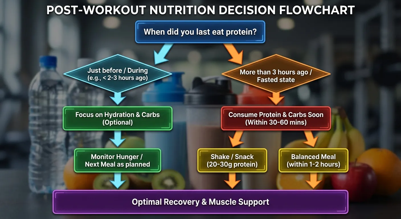 Decision flowchart for post-workout nutrition based on pre-workout meal timing
