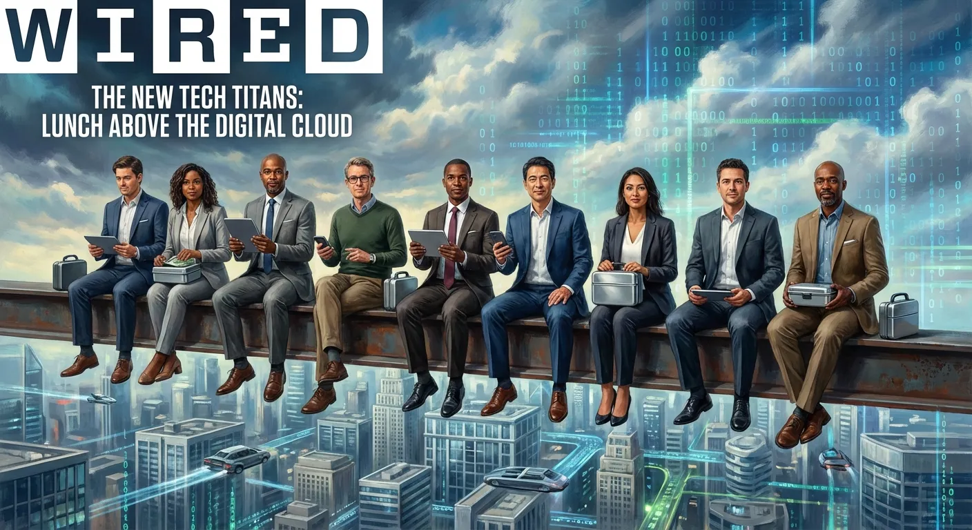 Eight tech CEOs sitting on a steel beam in the style of the famous Lunch Atop a Skyscraper photo