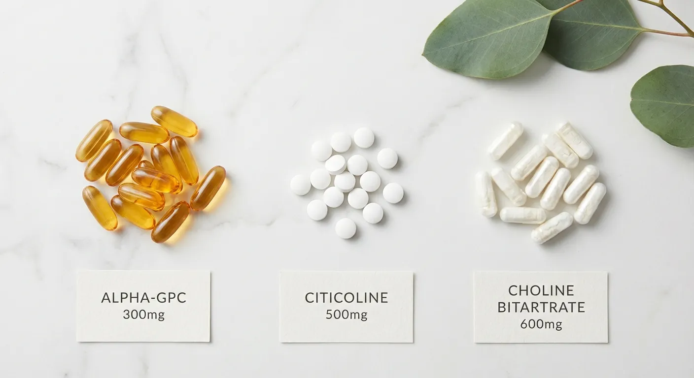 Various choline supplement capsules and tablets arranged on a clean surface