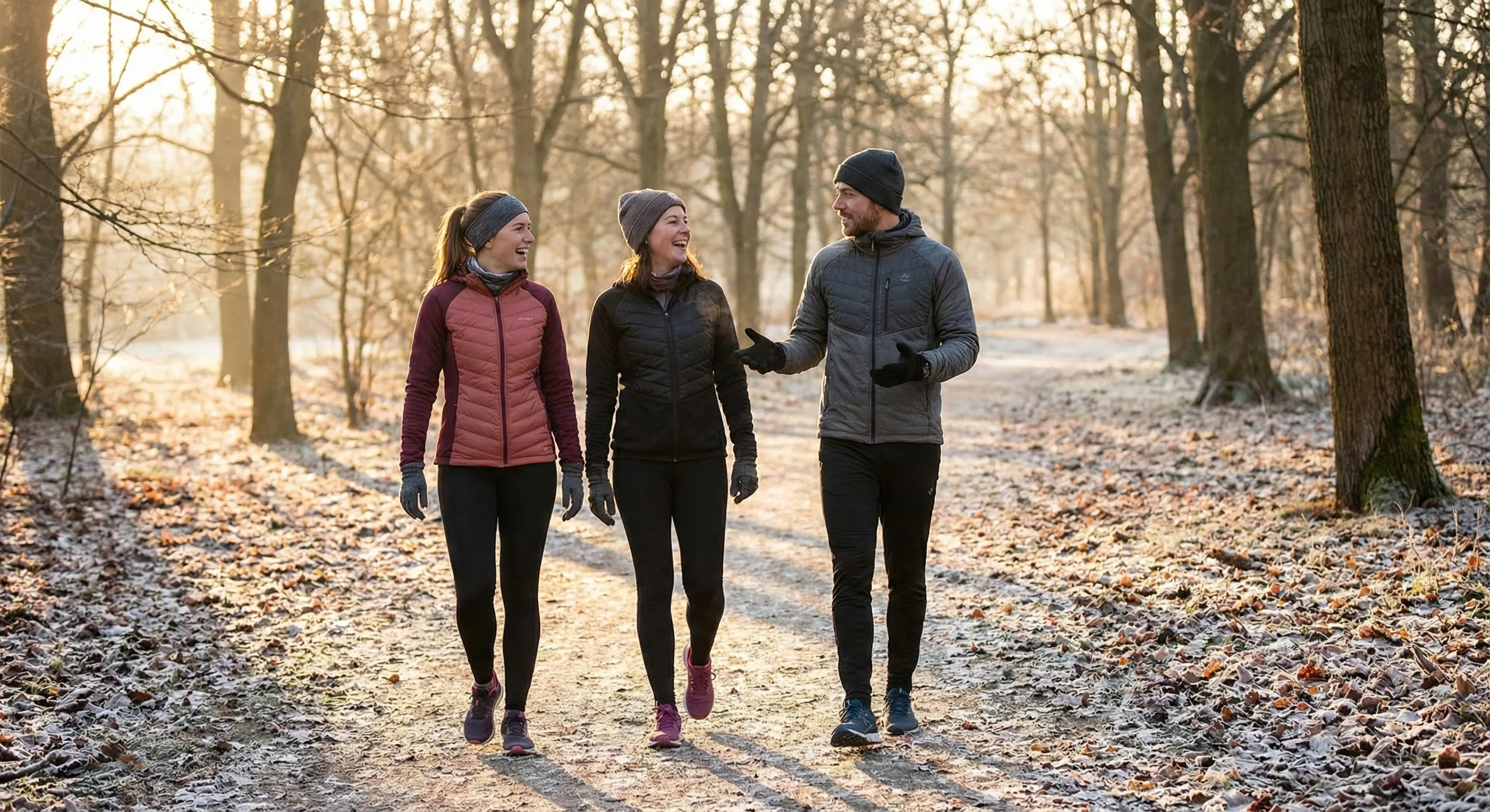 Friends walking together outdoors on a winter morning