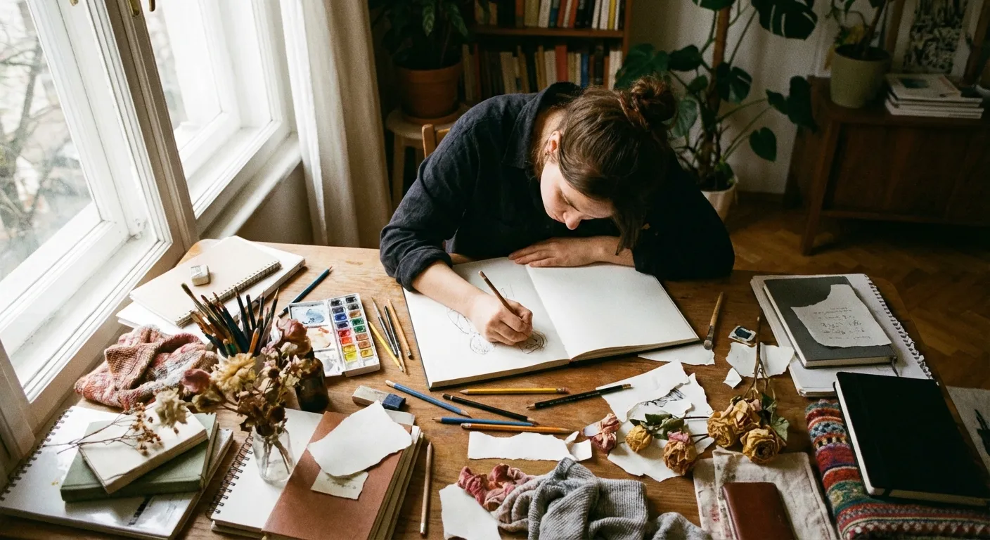 Person deeply focused on creative work at a desk with art supplies