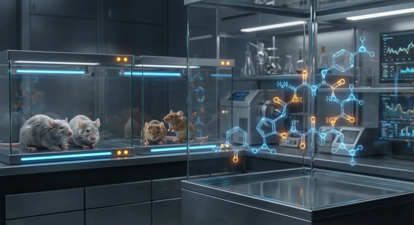 Scientific laboratory setting with molecular structures of oxytocin and aging research imagery