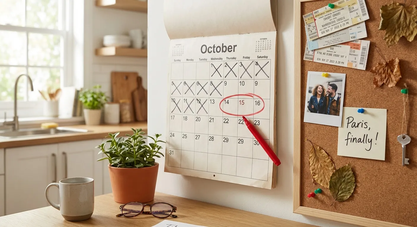 Calendar with dates circled and countdown, photos and tickets pinned nearby