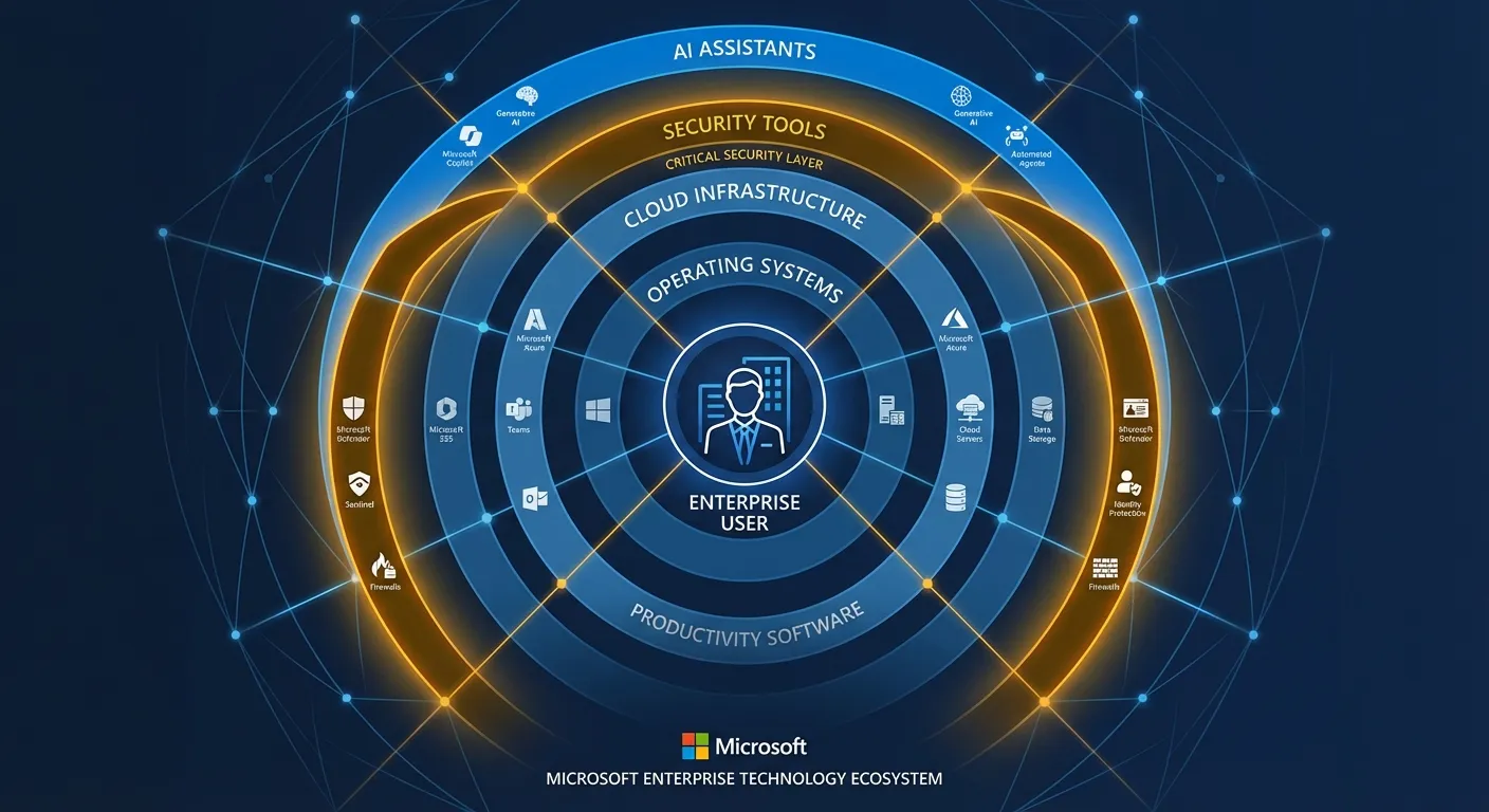 Infographic showing interconnected technology services forming a web around enterprise users