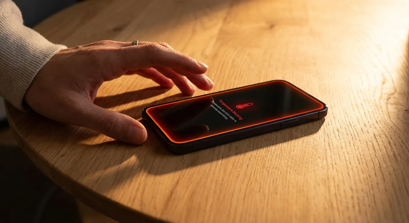 Smartphone displaying temperature warning on screen