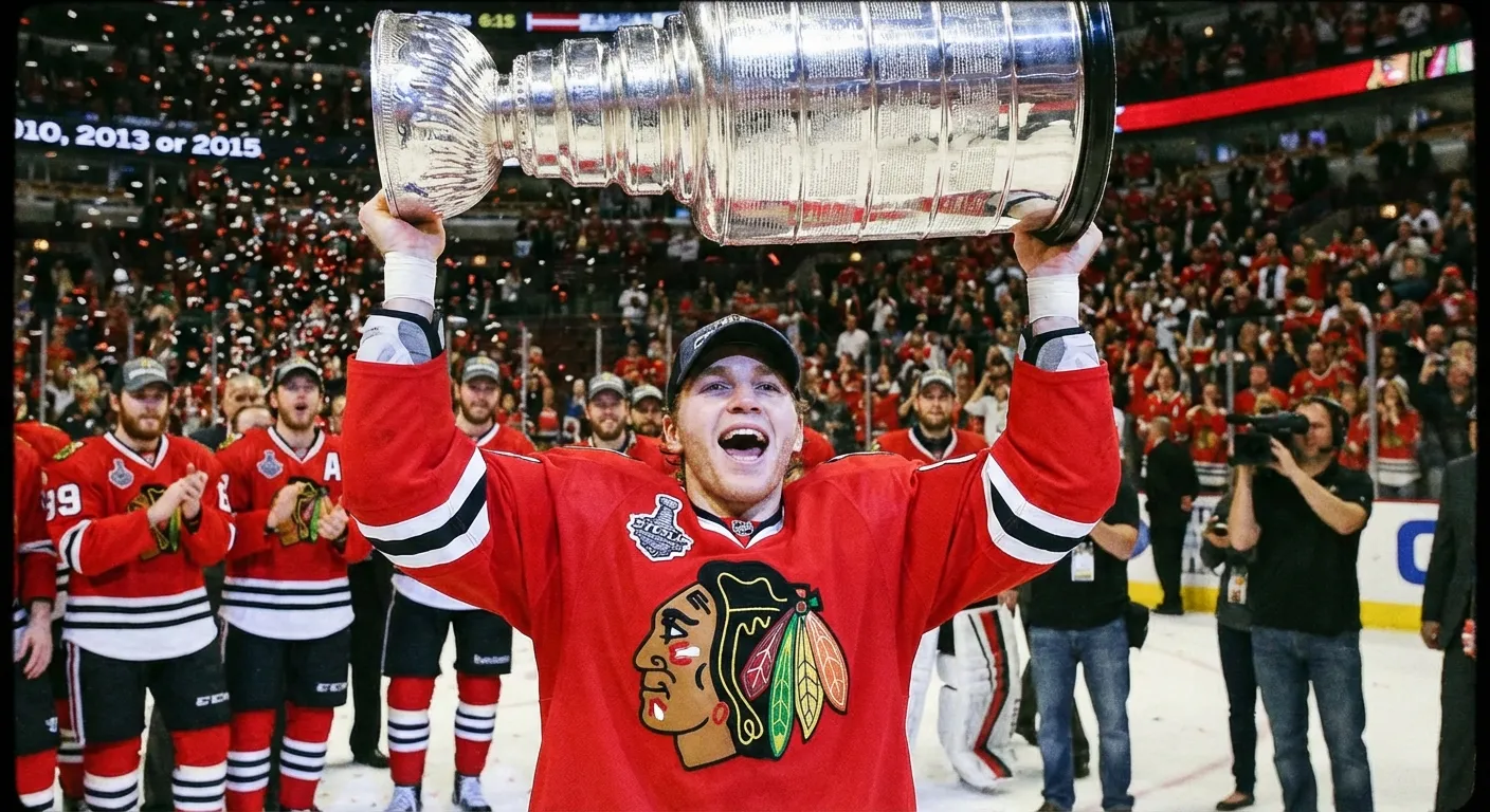 Young Patrick Kane lifting the Stanley Cup with the Chicago Blackhawks
