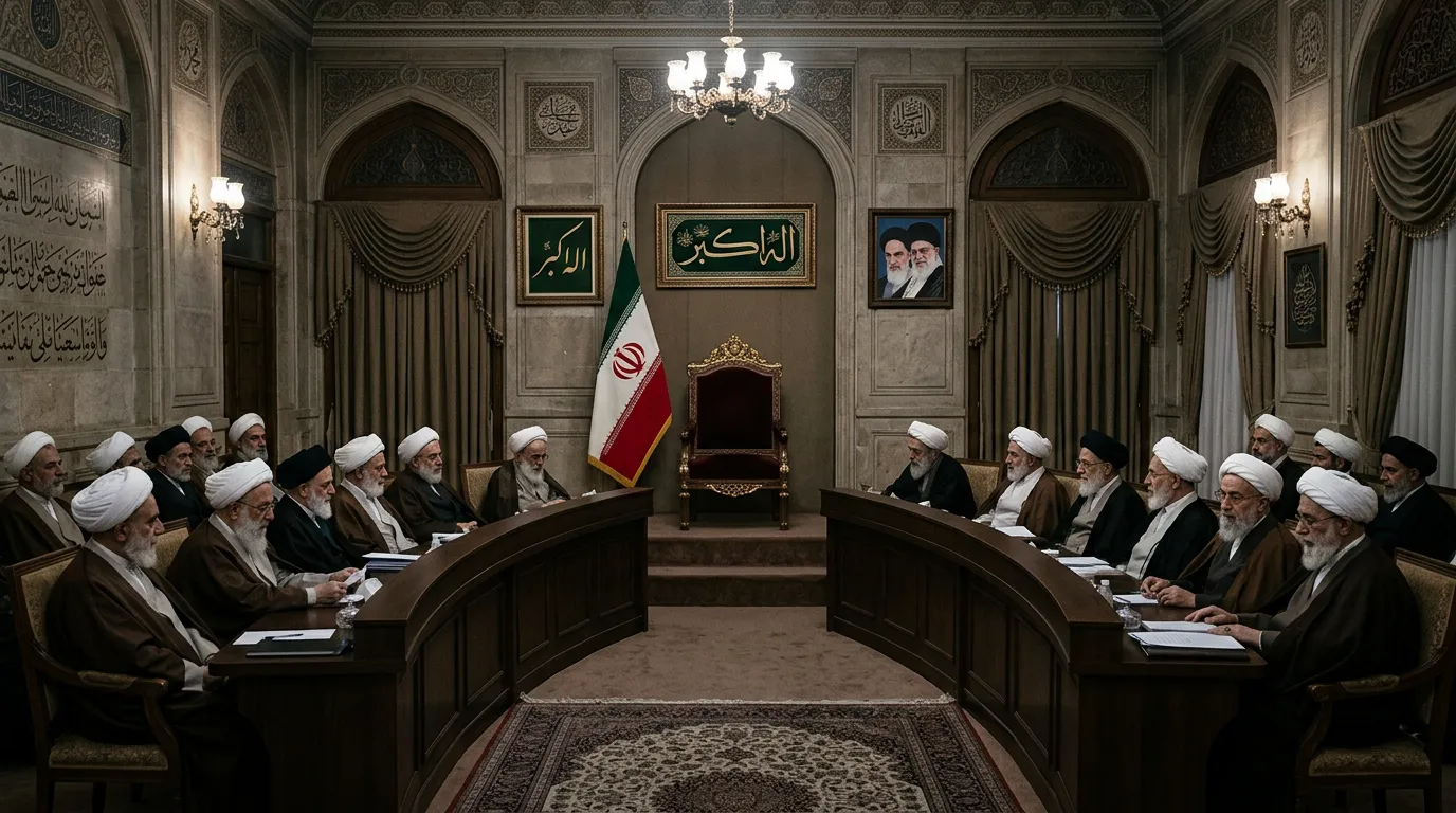 Iranian Assembly of Experts chamber with religious scholars gathered for leadership vote