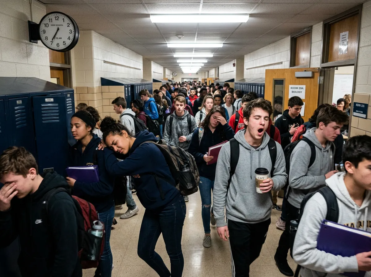 High school hallway with students walking between classes looking tired