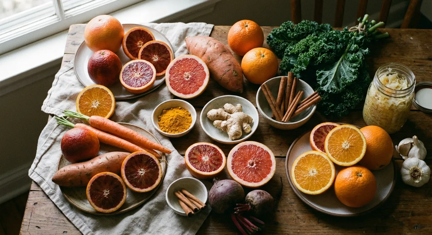 Colorful array of winter immune-boosting foods including citrus, root vegetables, and warming spices
