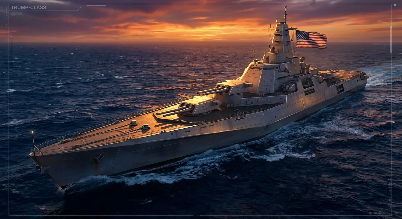 Conceptual rendering of massive Trump-class battleship at sea with modern naval weapons systems