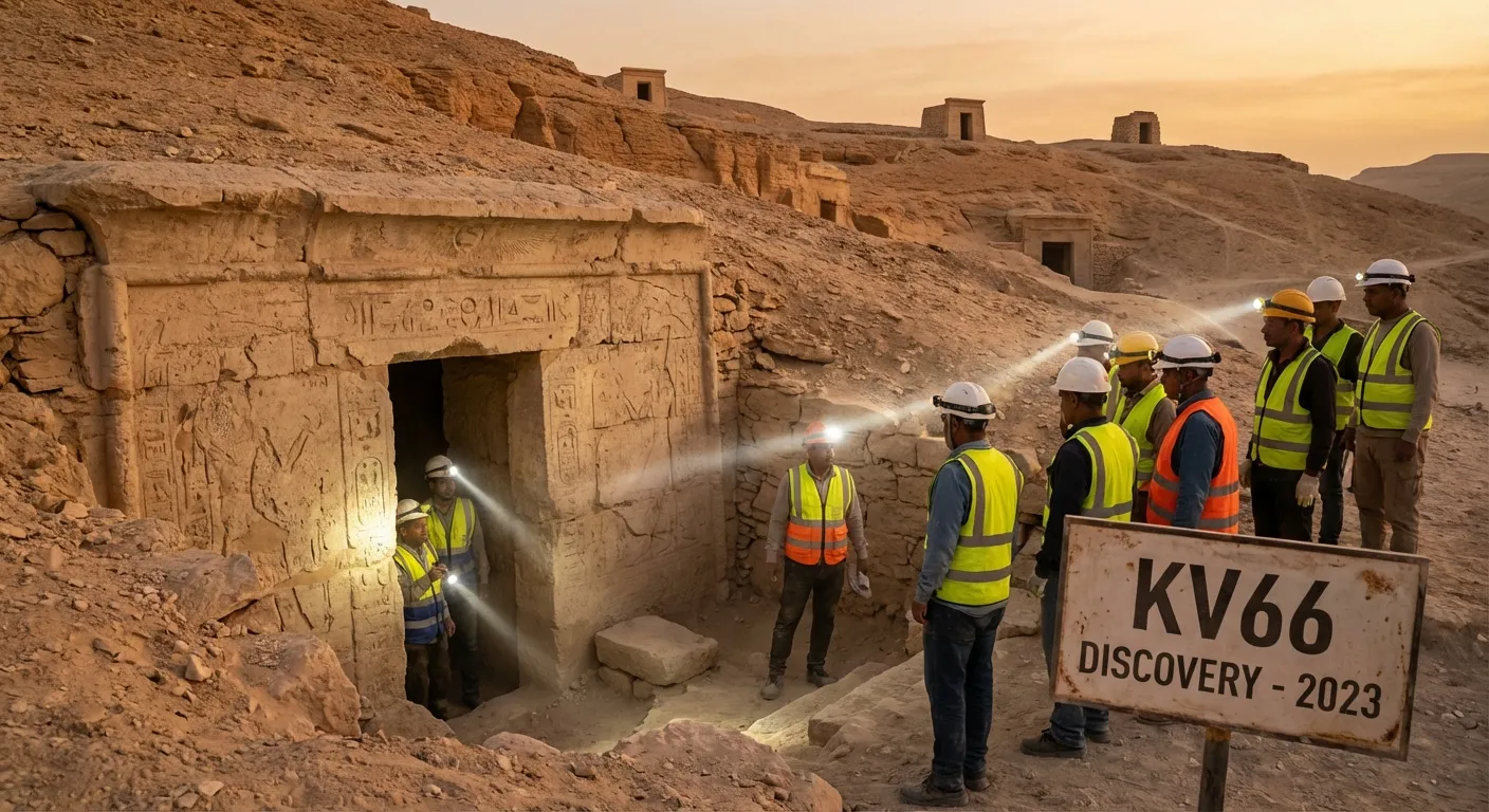 Entrance to newly discovered Egyptian tomb with hieroglyphics visible in limestone walls