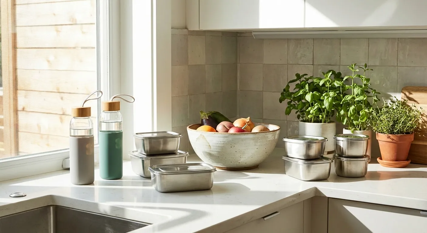 Glass water bottle and stainless steel containers on kitchen counter replacing plastic