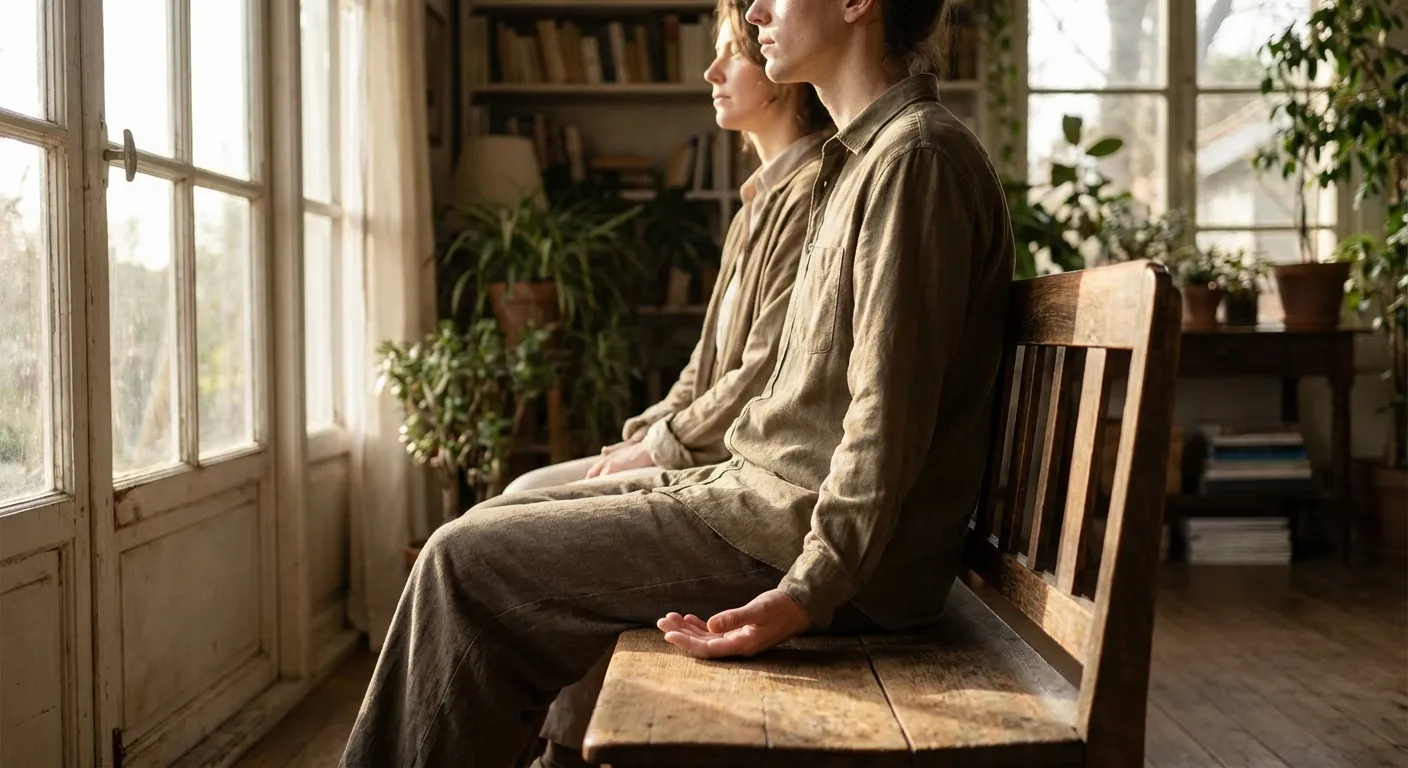 Two people sitting together in comfortable silence with warm light and peaceful expressions