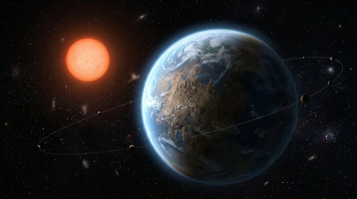 Artist rendering of a rocky super-Earth orbiting a calm red dwarf star