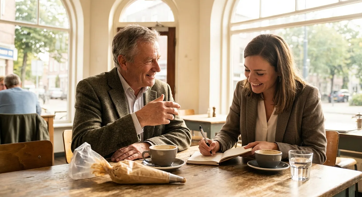 Person at coffee shop having animated career conversation with a mentor figure