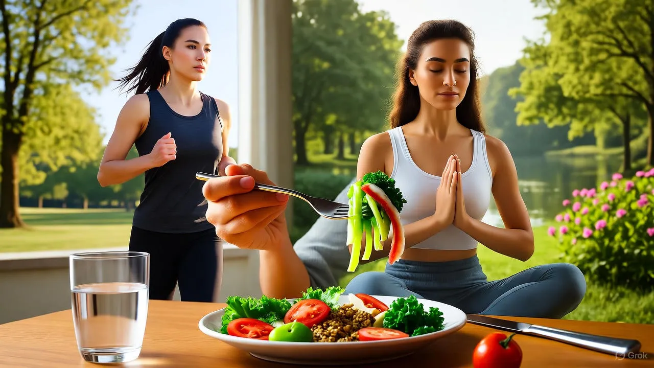 Abstract visualization of DNA double helix with methylation markers and lifestyle symbols surrounding it