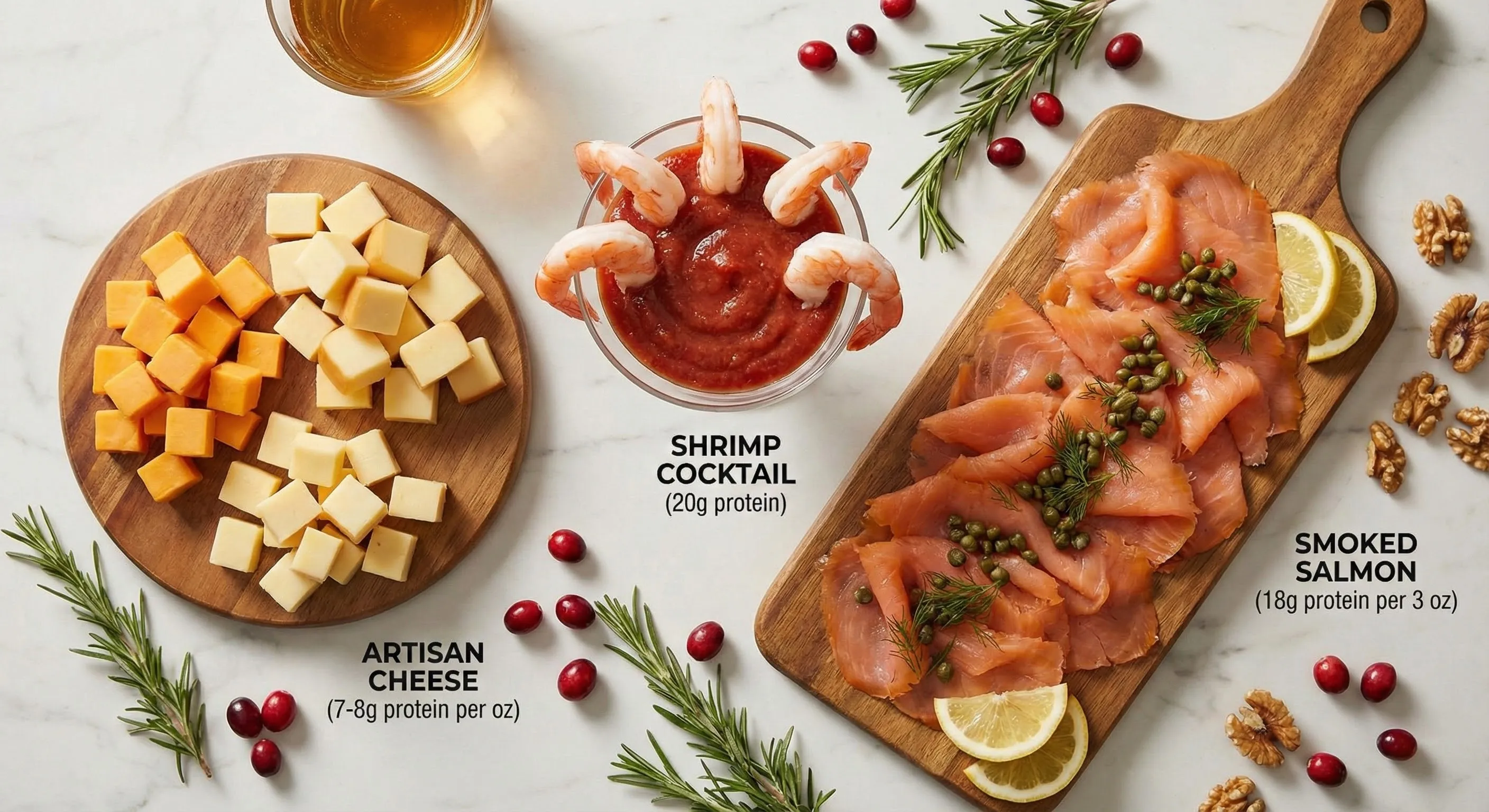 Holiday appetizer spread highlighting high-protein options: shrimp cocktail, cheese platter, and smoked salmon