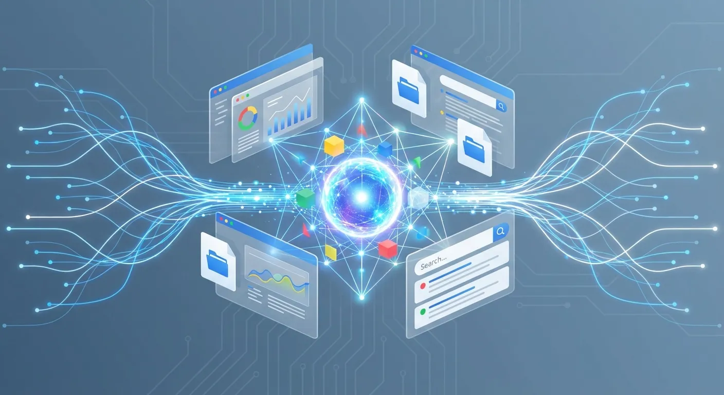 Abstract visualization of AI research agent conducting autonomous web research