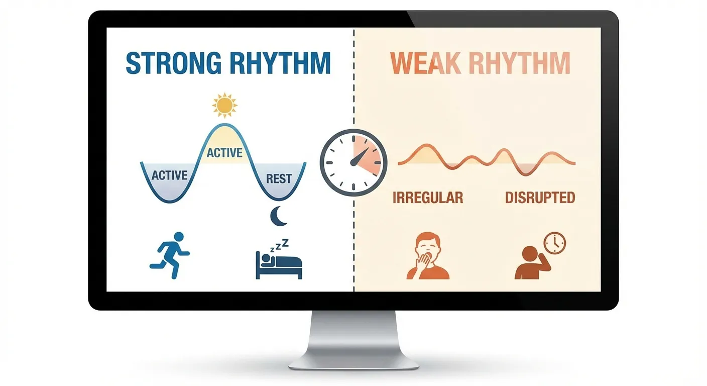 Comparison of daily activity patterns showing strong versus weak circadian rhythms in older adults