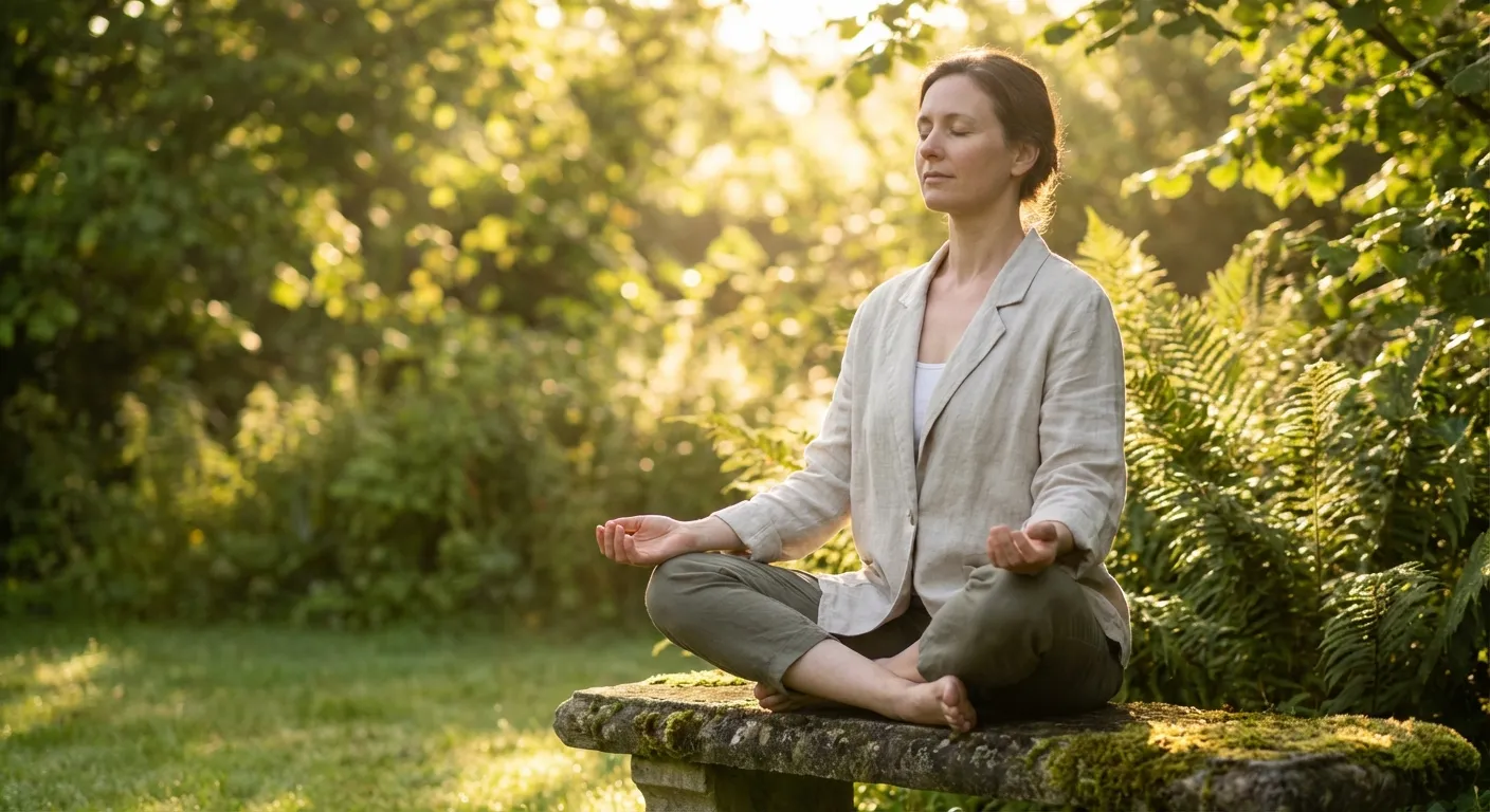 Person practicing deep breathing in a calm natural setting with soft morning light