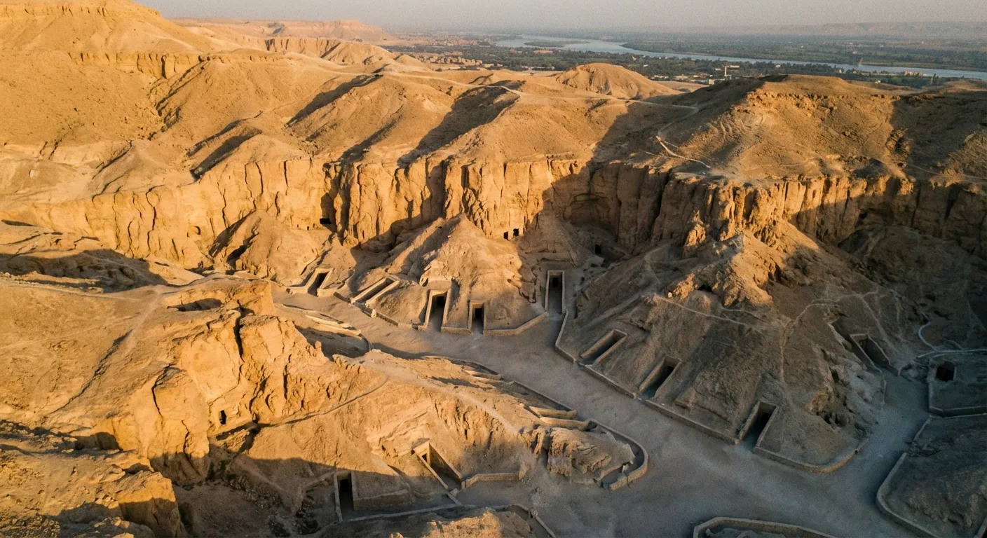 Aerial view of Valley of the Kings with marked tomb locations in desert landscape
