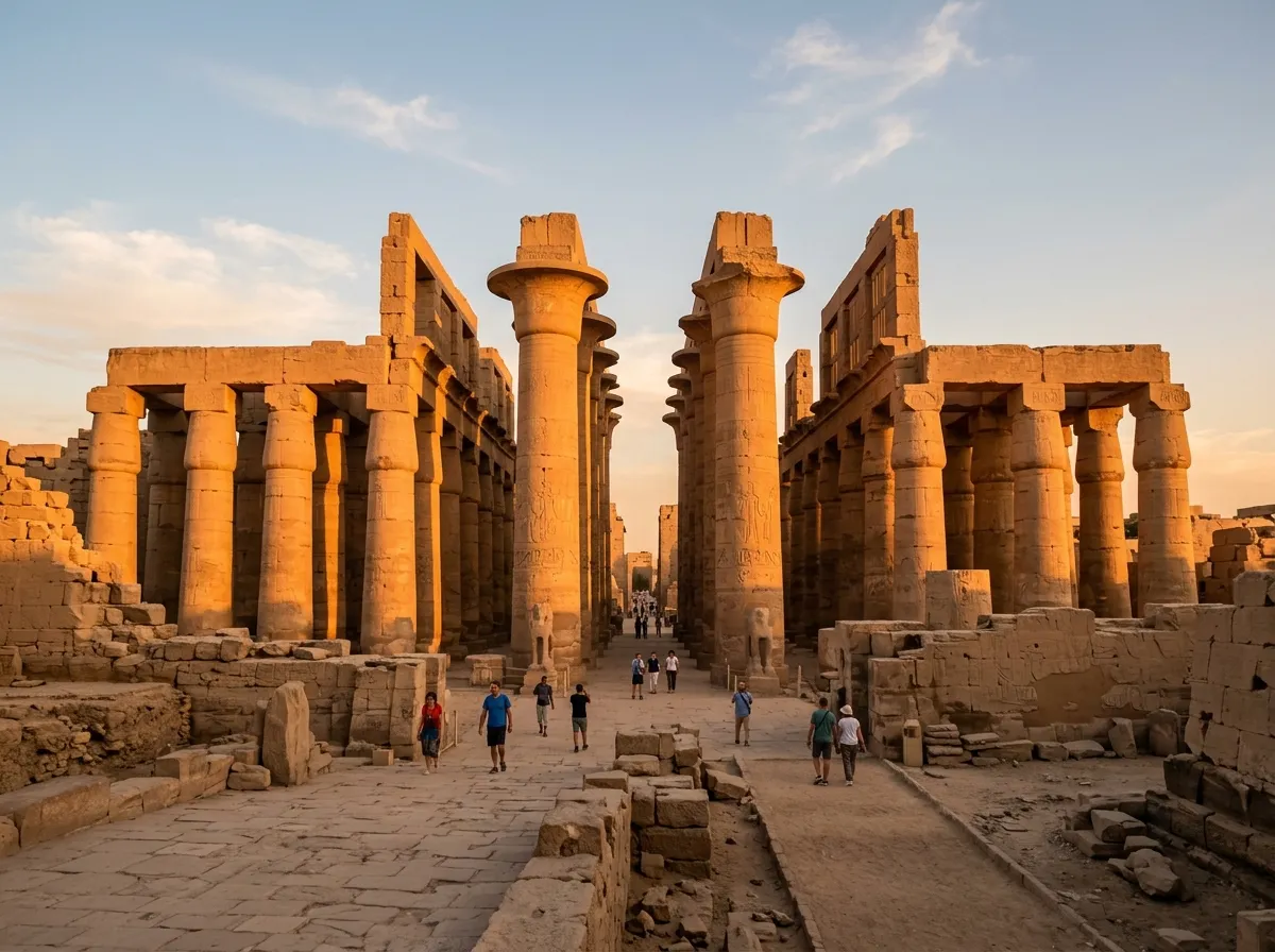 Wide view of the Karnak Temple Complex showing massive columns and ancient stone walls at golden hour
