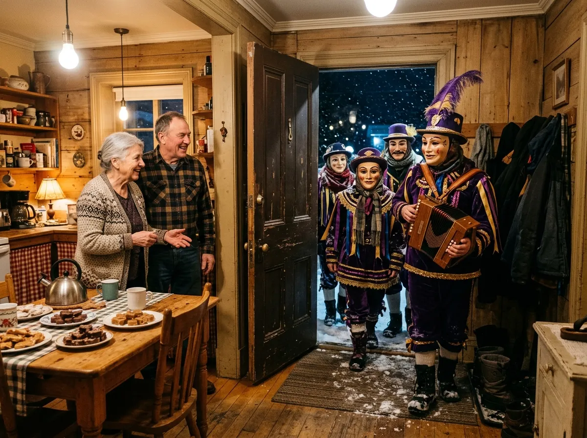 A group of costumed mi-caremes entering a warmly lit home through a doorway on a winter evening