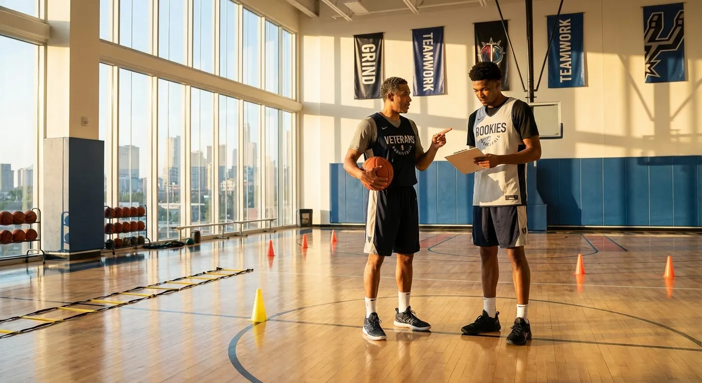 A veteran point guard mentoring a young player during a practice session in an NBA facility