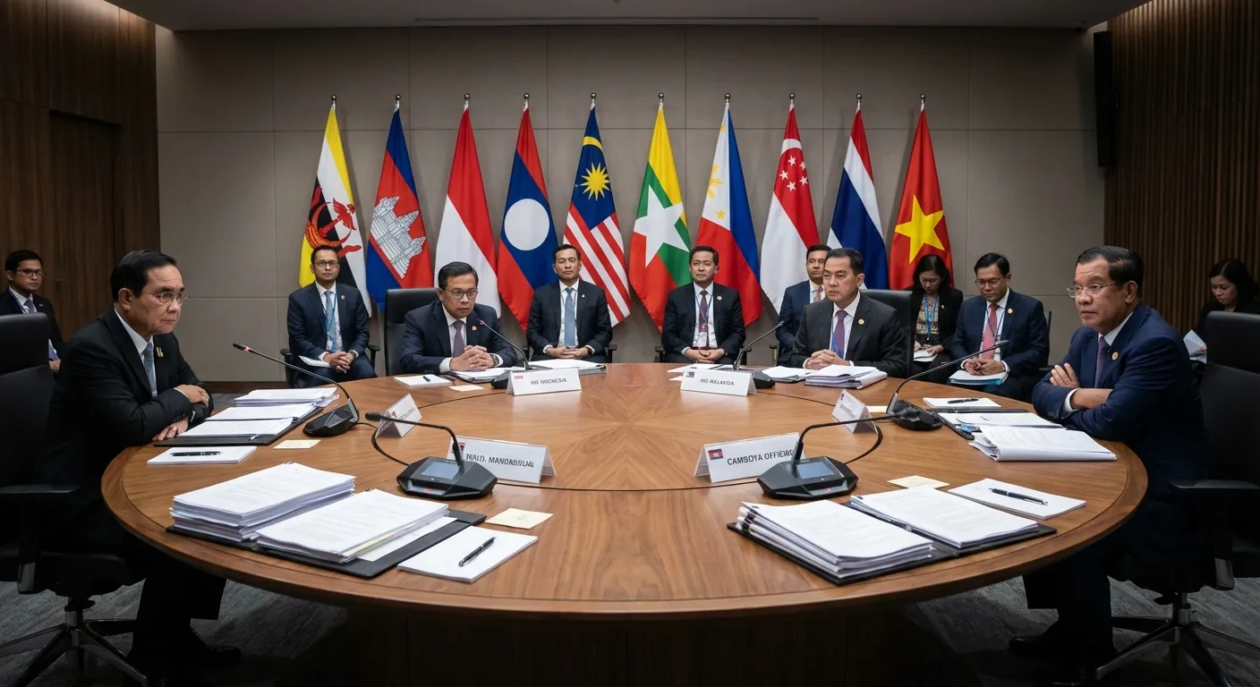 ASEAN diplomats meeting room with flags of Southeast Asian nations